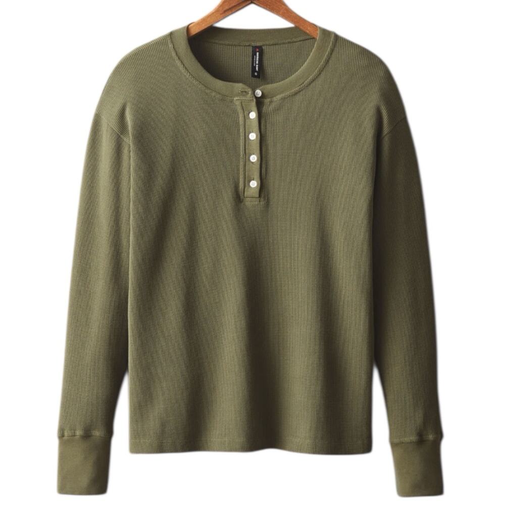 NWOT American Giant Olive Green Waffle Knit Henley Long Sleeve Shirt Womens MED
